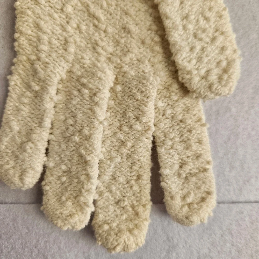 Vintage Cream Popcorn Knit Gloves Off White Winter Warm Soft Cozy One Size